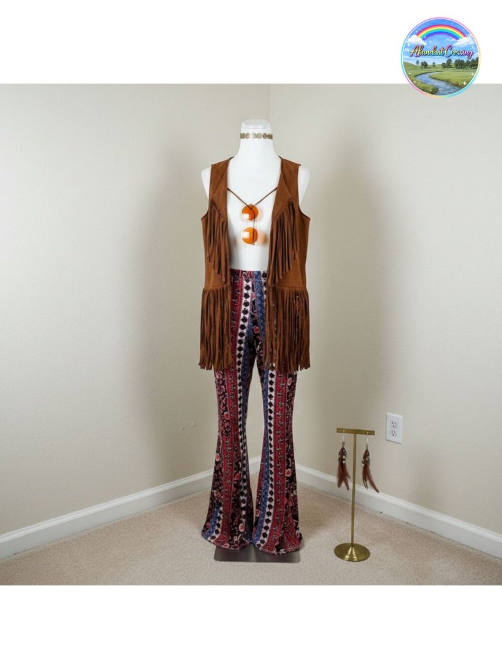 NWT 5 Pc 60s 70s Hippie Costume Set Women Faux Suede Vest Flare Pants